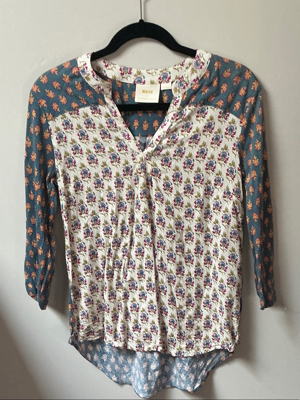 Maeve Cream and Teal Floral Mixed-Print Long Sleeve Top